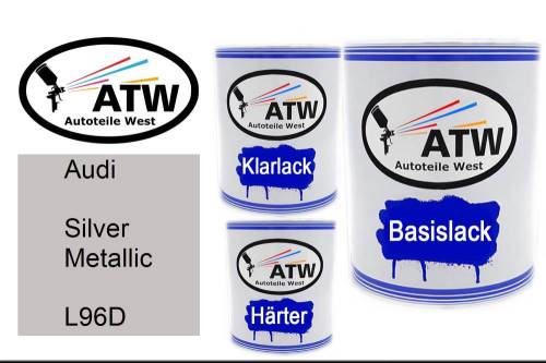 Audi, Silver Metallic, L96D: 1L Lackdose + 1L Klarlack + 500ml Härter - Set, von ATW Autoteile West.